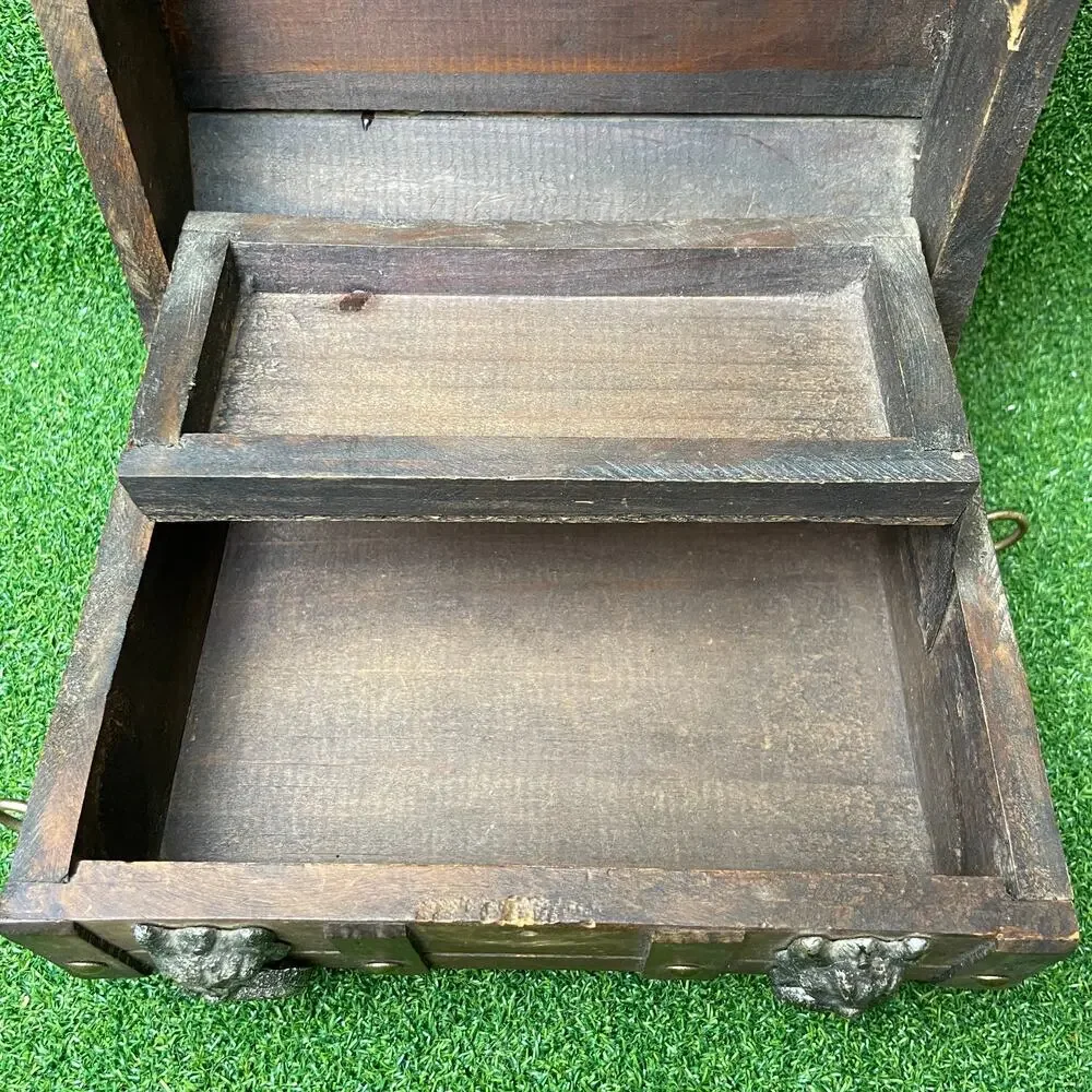 Vintage Wooden Treasure Chest Jewelry Box Gothic Lions Head Metal Latch
